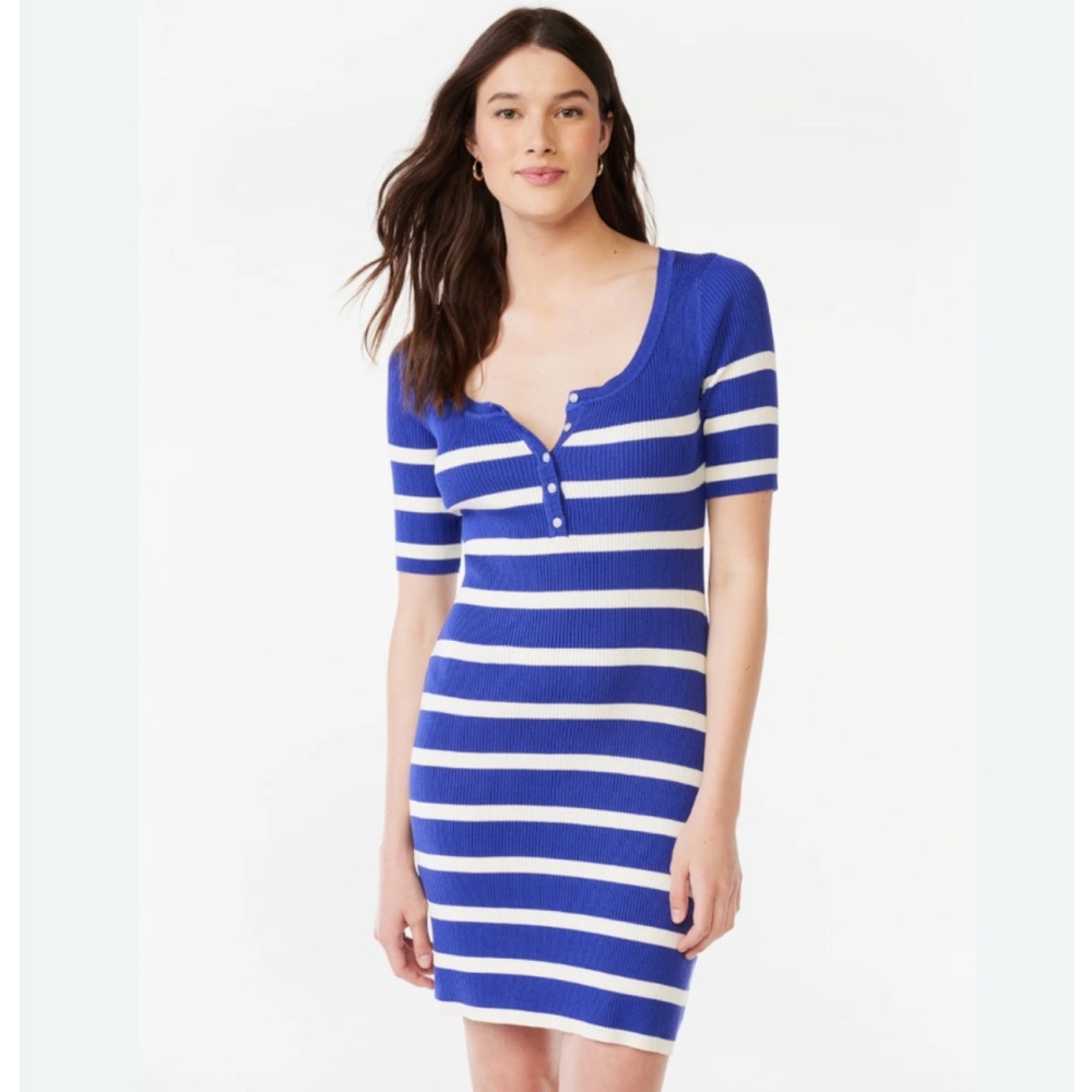 Free Assembly Blue Short Sleeve Ribbed Mini Henley Dress XL X-Large